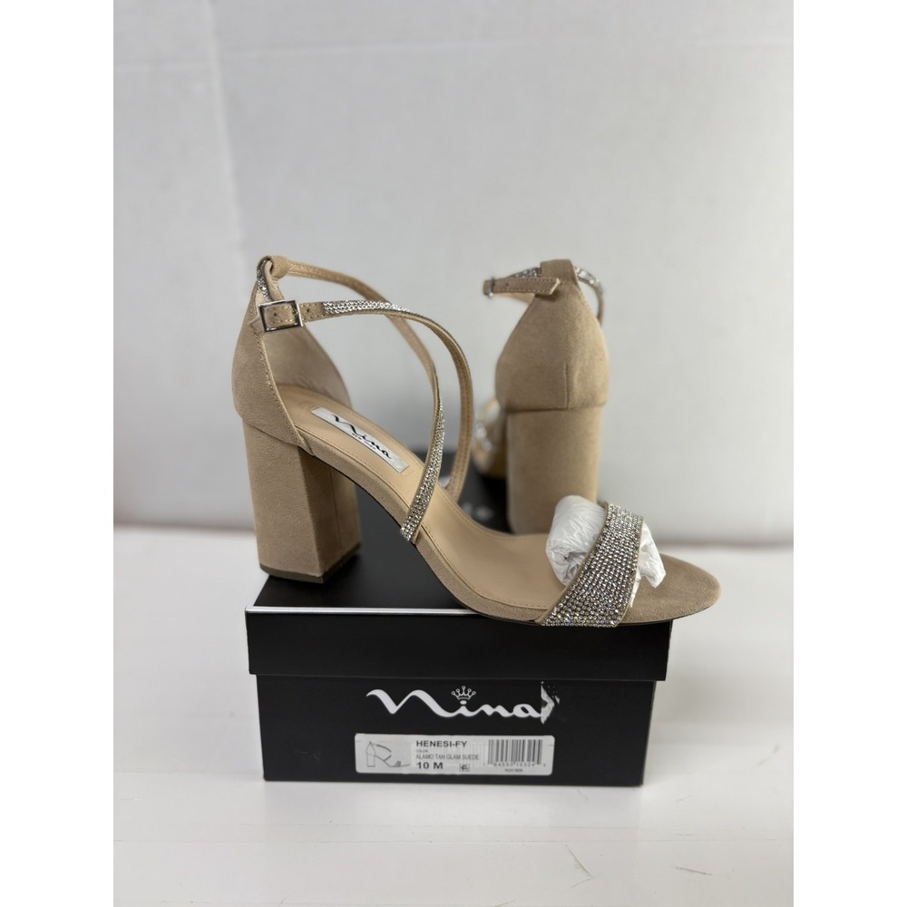 Nina Women's Henesi Tan Rhinestone Block Heels Evening Dress Sandals Size 10M